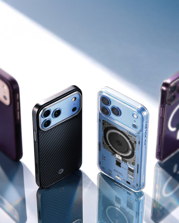 Four Spigen iPhone cases standing side by side in dramatic lighting: a purple silicone case, a black carbon fiber case, a light blue translucent case, and a deep purple clear case with MagSafe ring