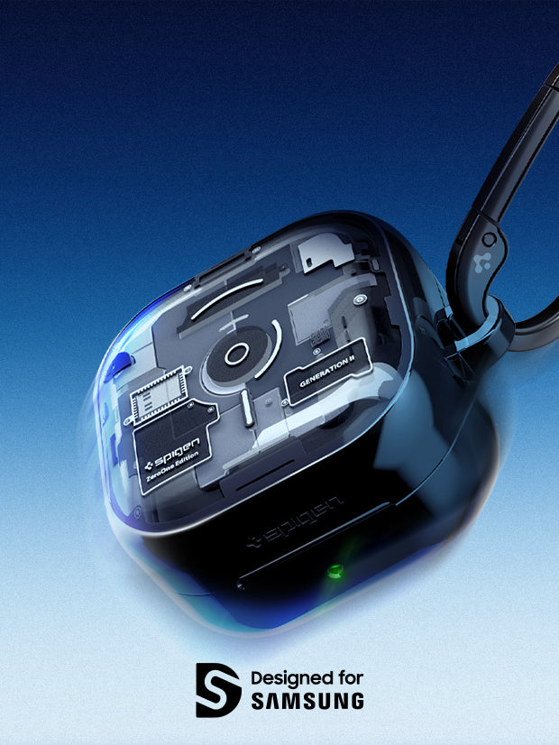 Galaxy Buds Zero One case showing on gradient blue background with Designed for Samsung logo