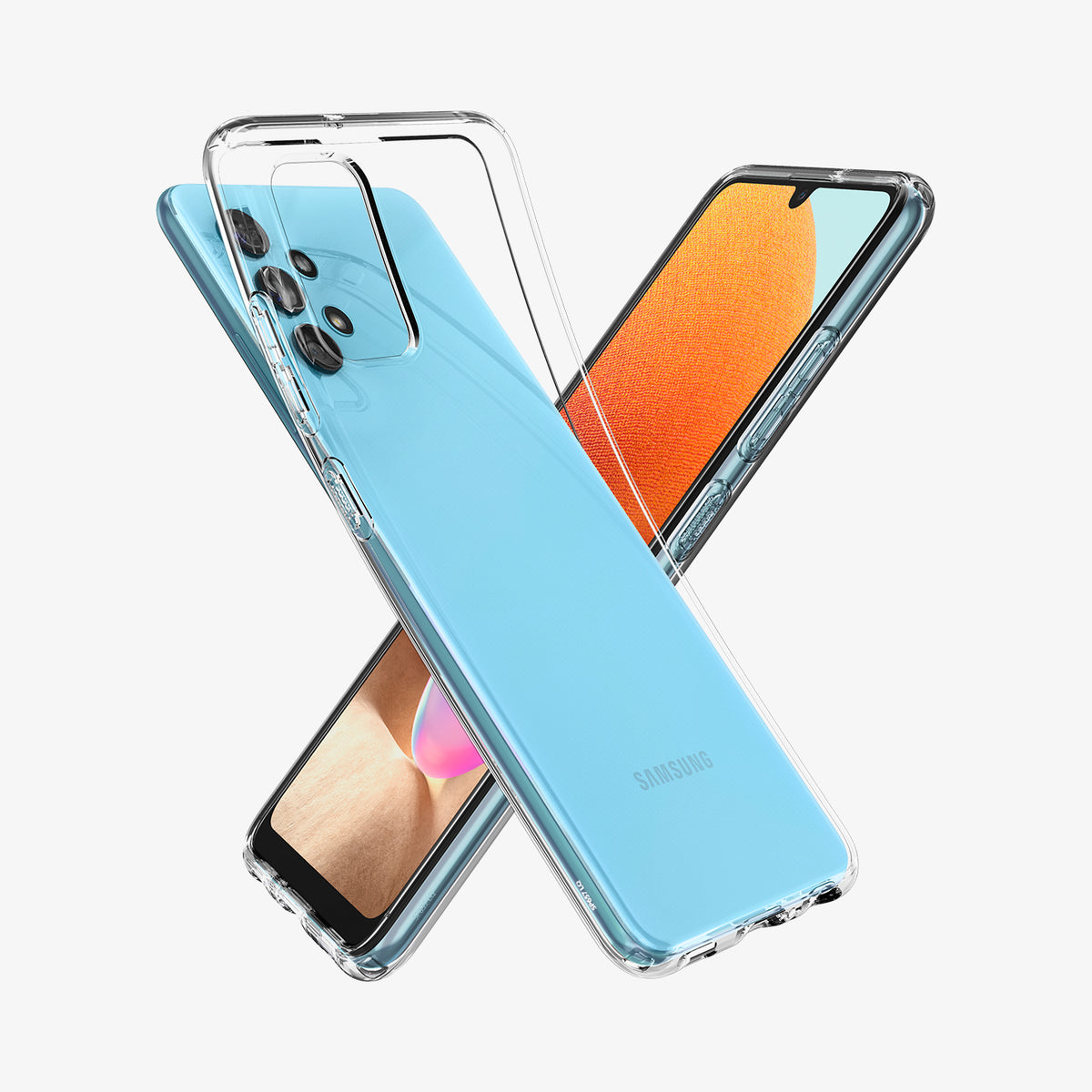 ACS04594 - Galaxy A23 5G Case Liquid Crystal in Crystal Clear showing the back, clear case partially lifted behind it, is a device showing partial front
