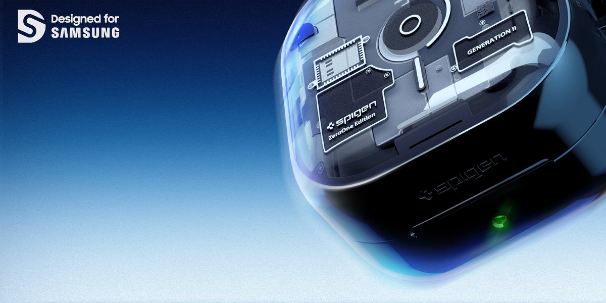 Galaxy Buds Zero One case showing on gradient blue background with Designed for Samsung logo
