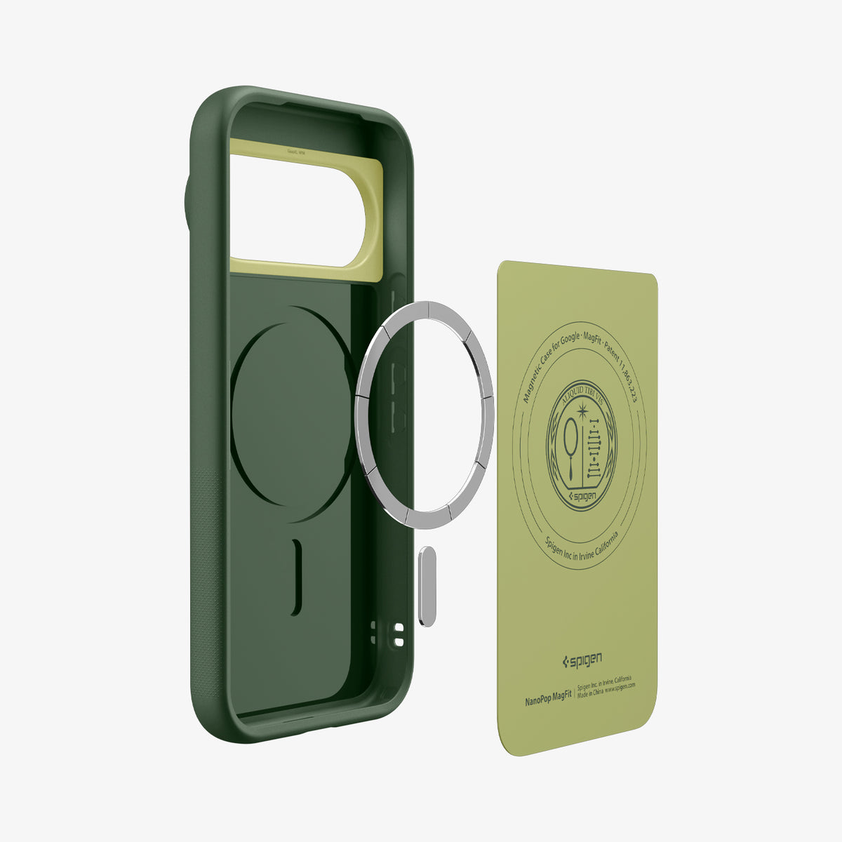 ACS11456 - Pixel 11 Pro XL Nano Pop (Mag Fit) Avo Green exploded view showing the built in magnetic ring, microfiber lining, and layered case construction.