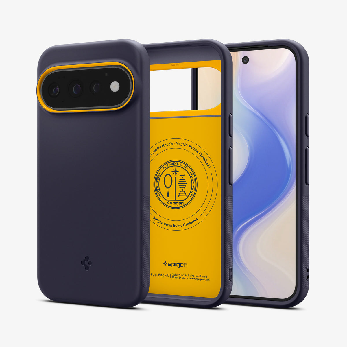 ACS11434 - Pixel 11 Pro  Nano Pop (Mag Fit) Blueberry Navy front and back angled views show the slim profile, precise fit, and built in magnetic construction.