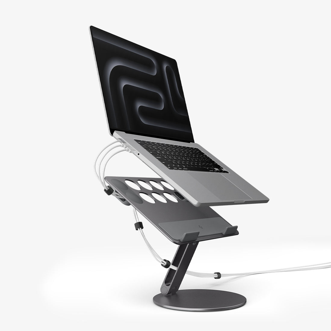 AMP09303 - Laptop Stand | LD206C in Space Gray showing the front and side with laptop hovering above the stand