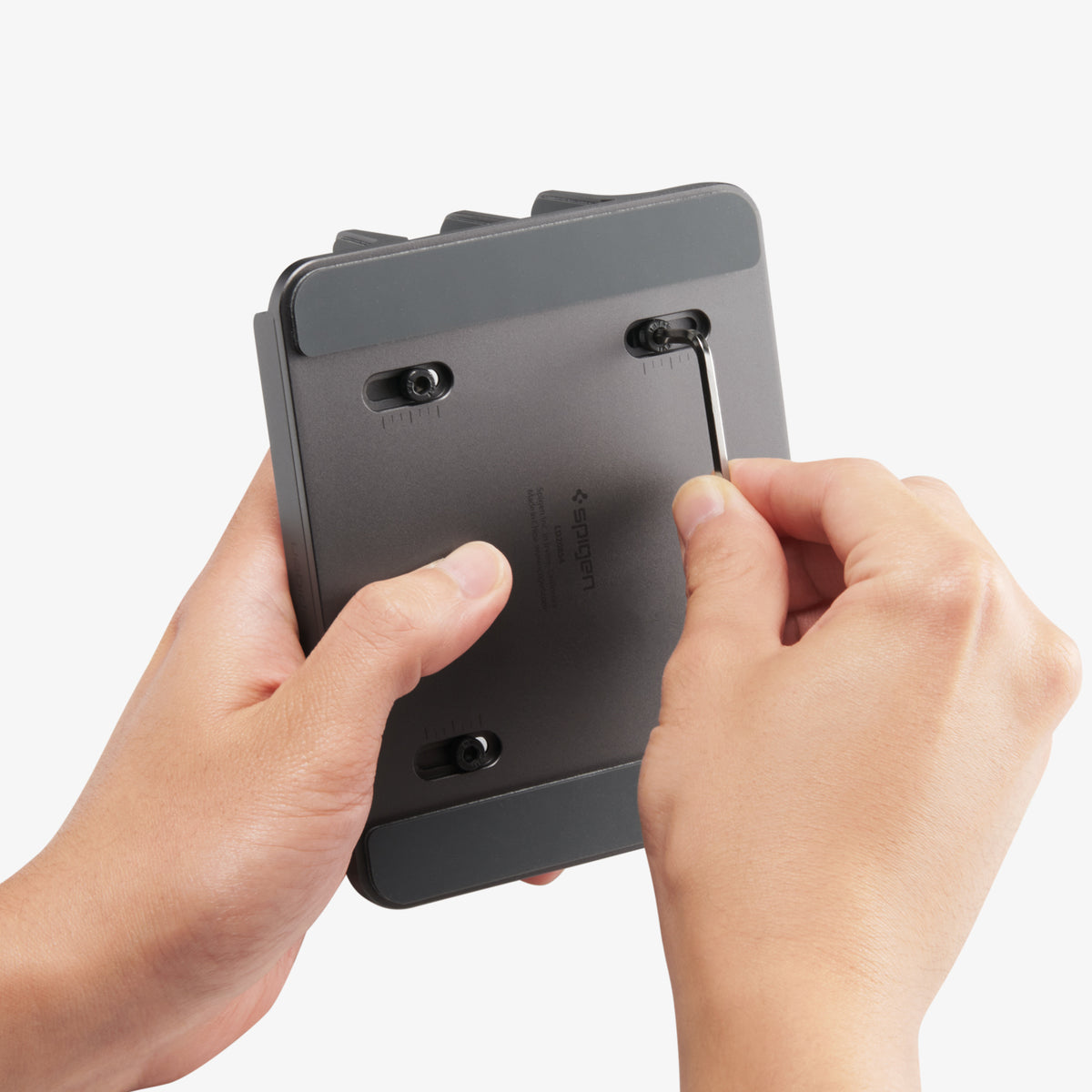 AMP10640 - Vertical Laptop Stand | LD208S4 in Space Gray showing bottom with hand