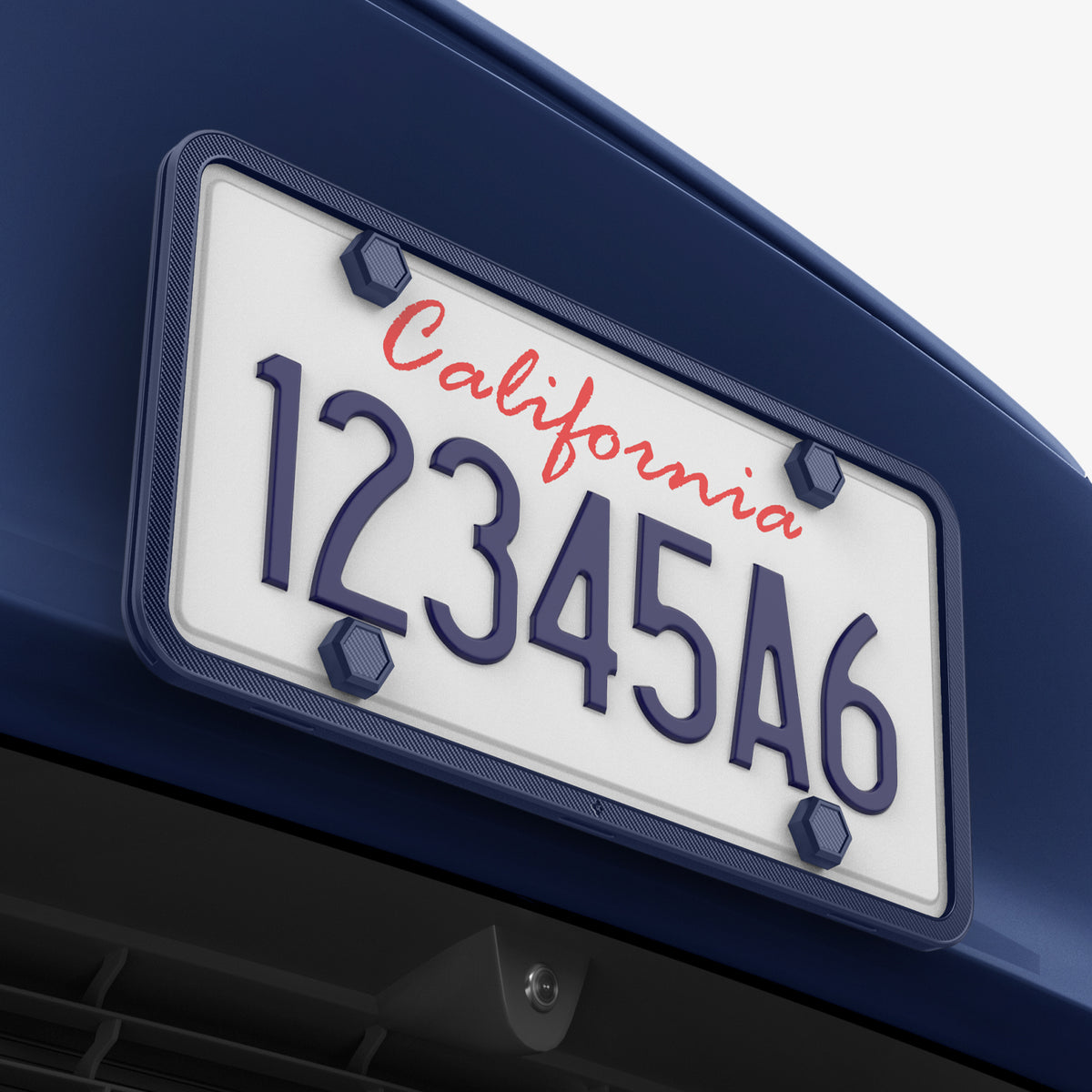 ACP12021 -  License Plate Frame | LP100 in Blue showing the front and sides installed to a car
