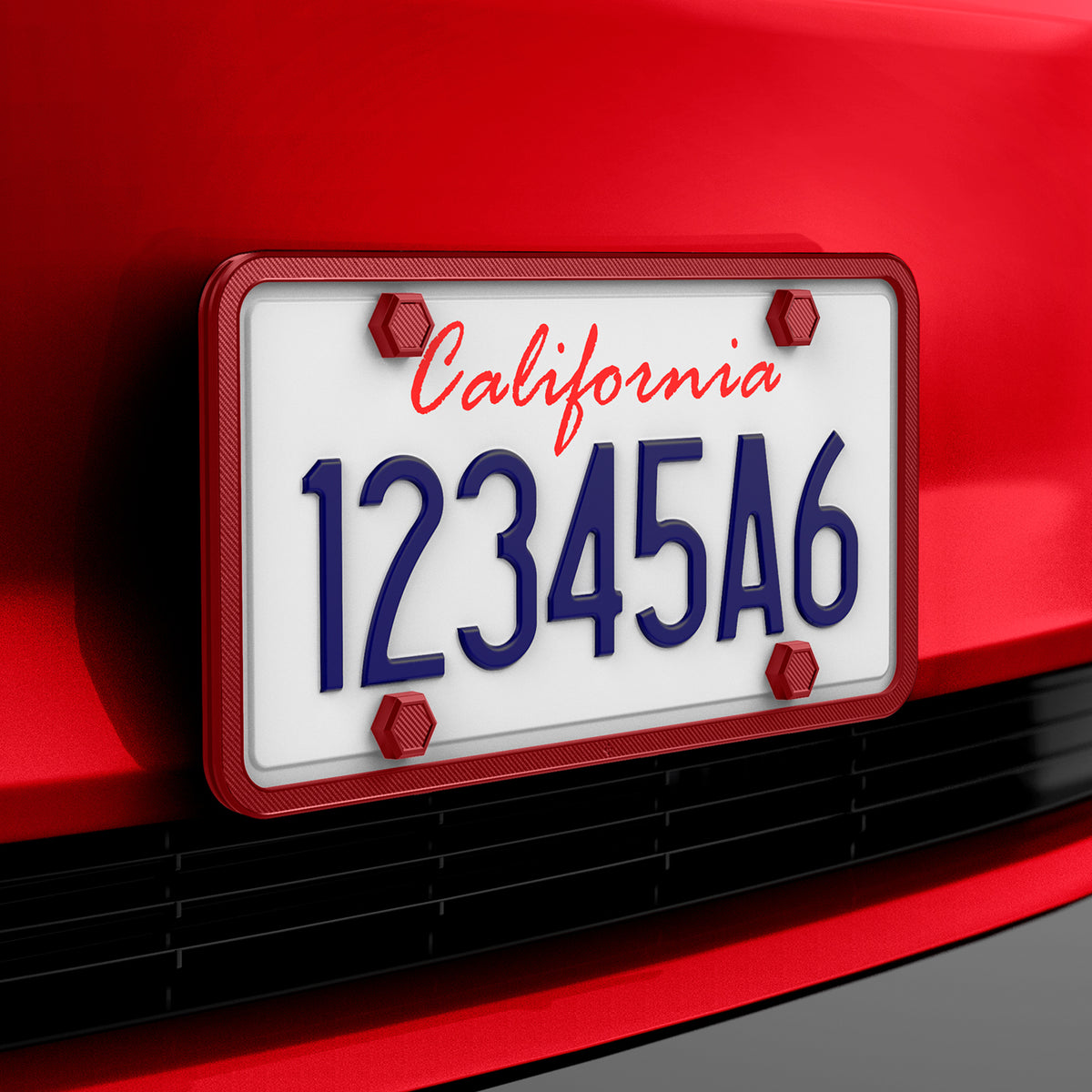 ACP12022 -  License Plate Frame | LP100 in Red showing the front and sides installed to a car