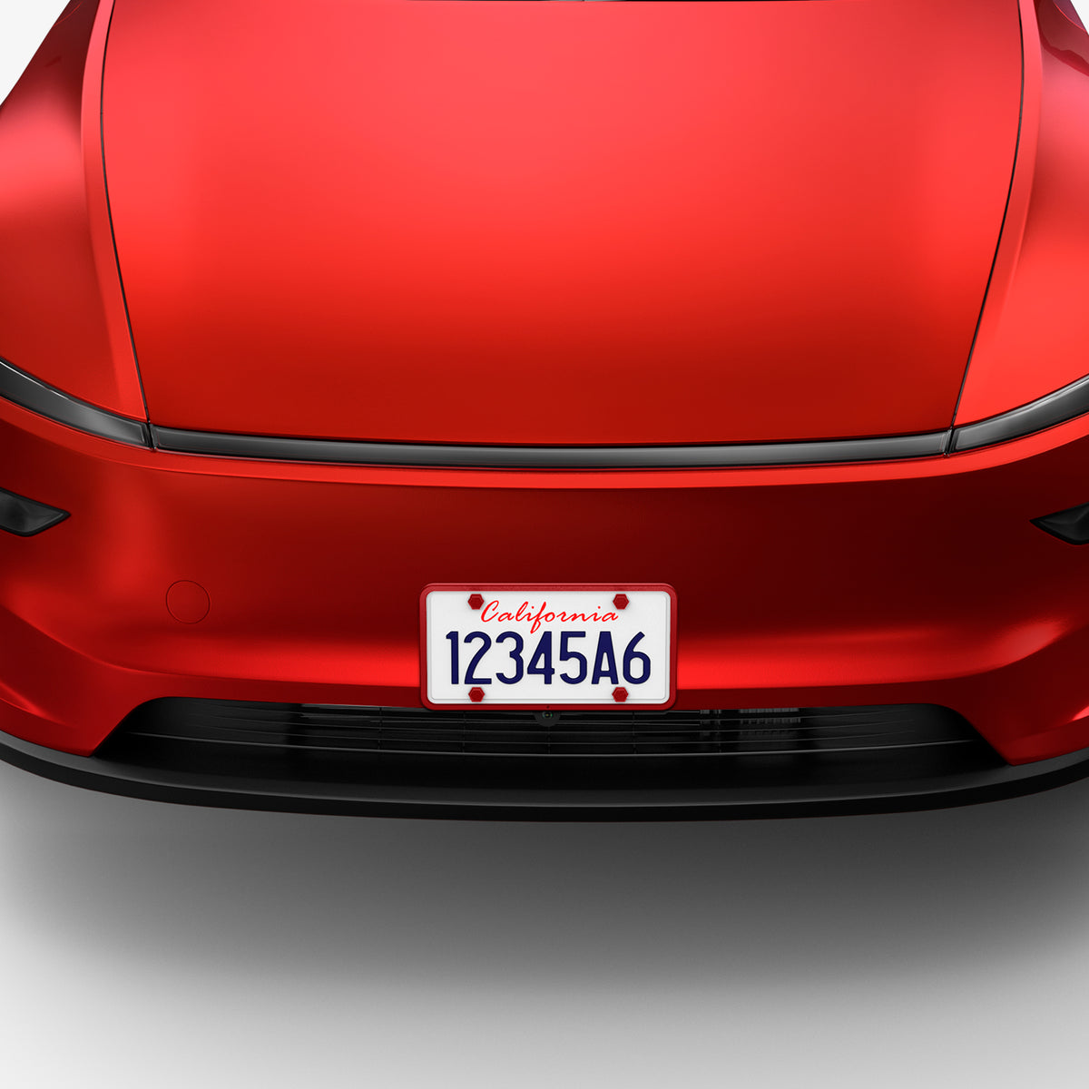 ACP12022 -  License Plate Frame | LP100 in Red showing the front installed to the front of the car