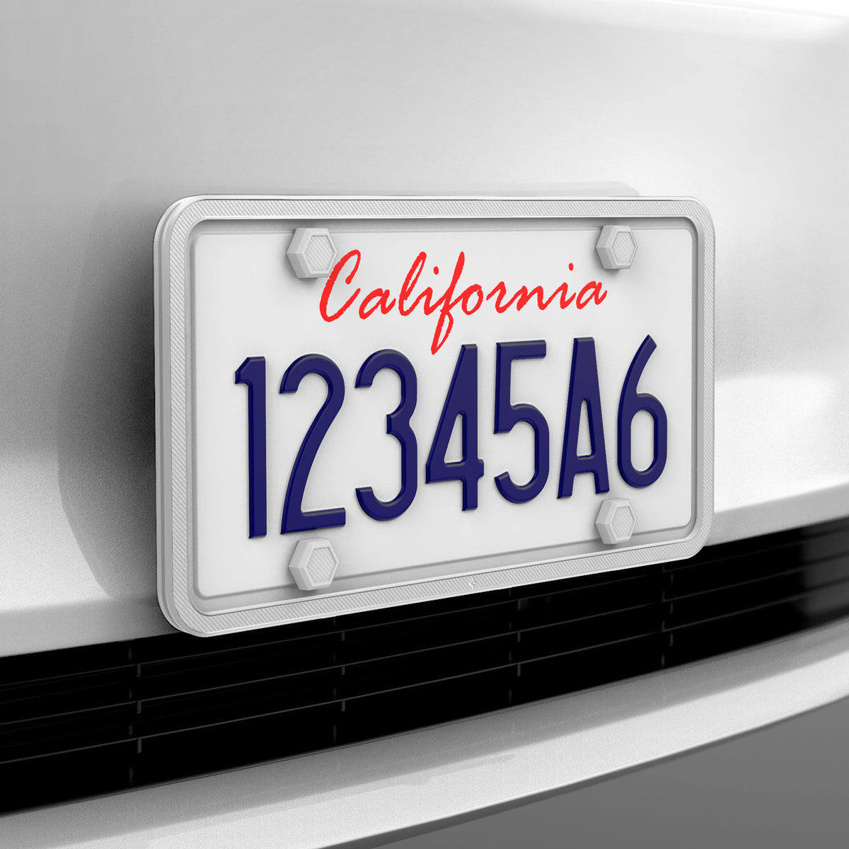 ACP12020 -  License Plate Frame | LP100 in White showing the front and sides installed to a car