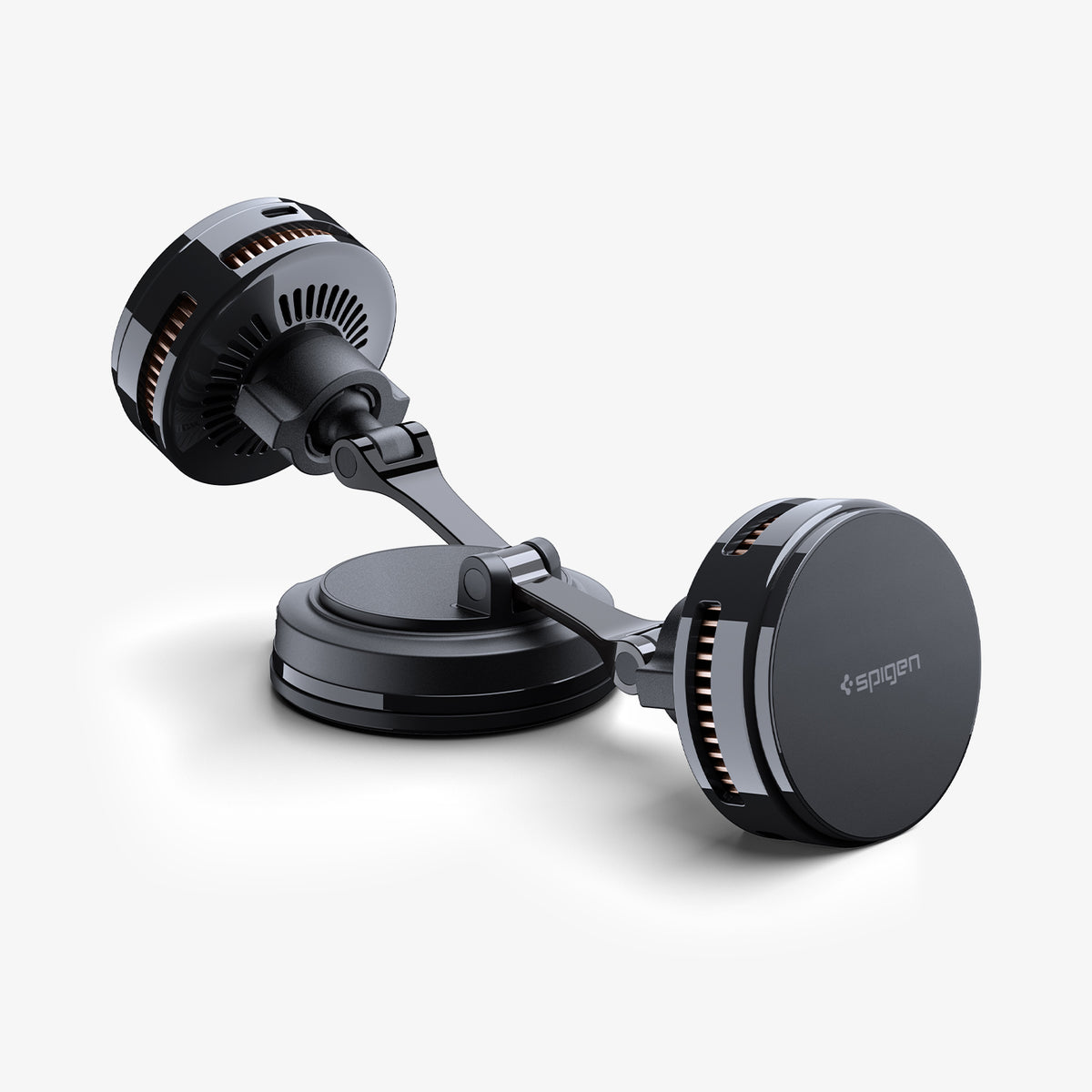 ACP11399 - Peltier Dashboard Charging Mount with Cable | PLT100 (Mag Fit) showing a side view of the PLT100 mount extended, with the head tilted and the Spigen logo visible.