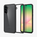 ACS09293 - Galaxy A56 5G Case Ultra Hybrid in Matte Black showing the back, in the middle, a clear case with darker tpu frame. Next to it, is a device facing front