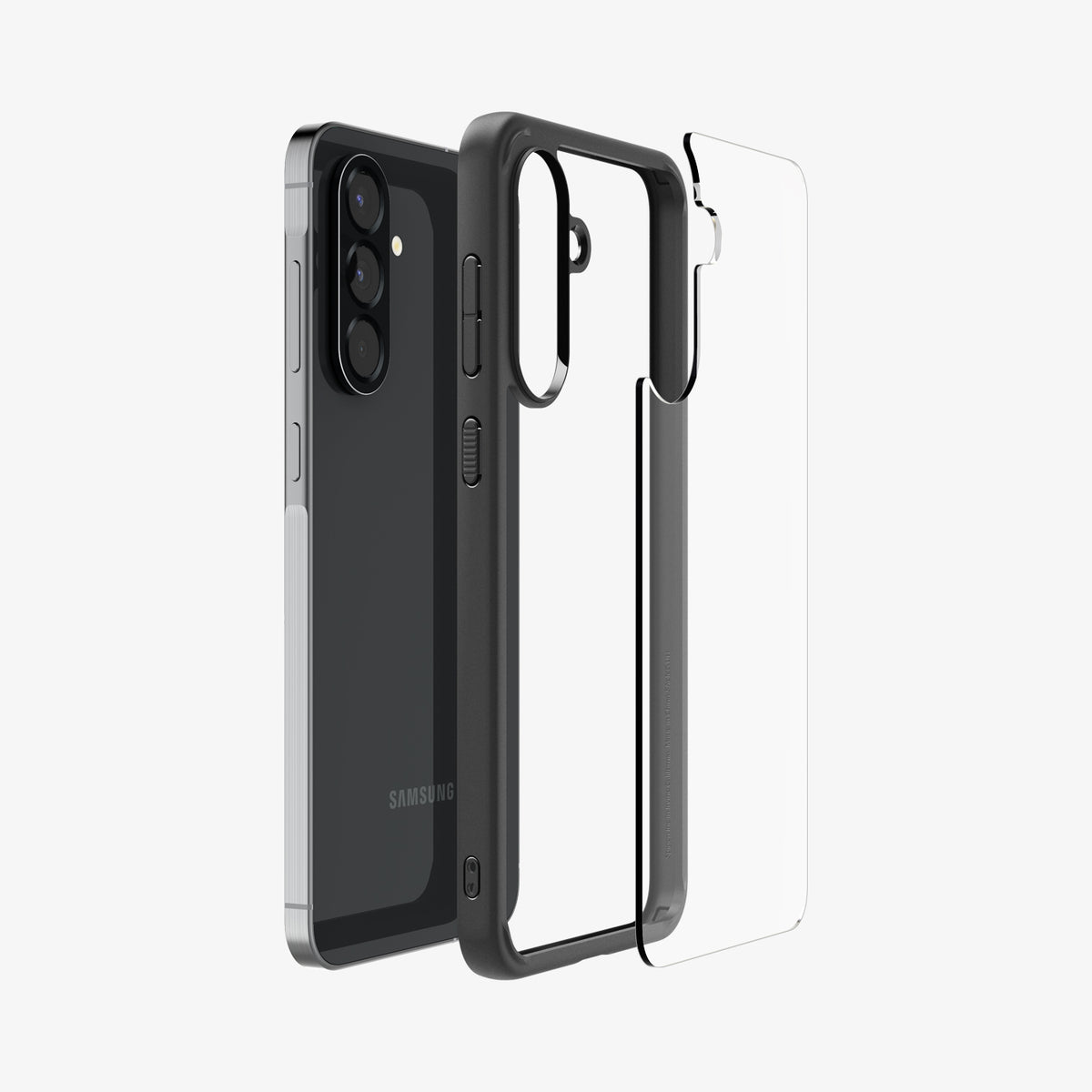 ACS09293 - Galaxy A56 5G Case Ultra Hybrid in Matte Black showing the back layer case detached from the tpu frame and the device aligned with each other