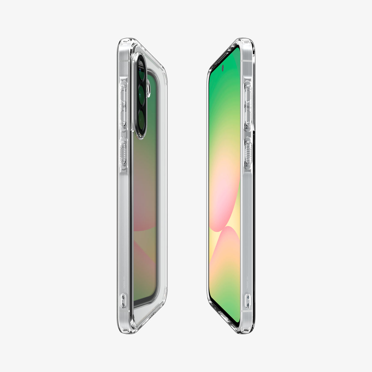 ACS09292 - Galaxy A56 5G Case Ultra Hybrid in Crystal Clear showing the sides front and back of 2 devices aligned with each other