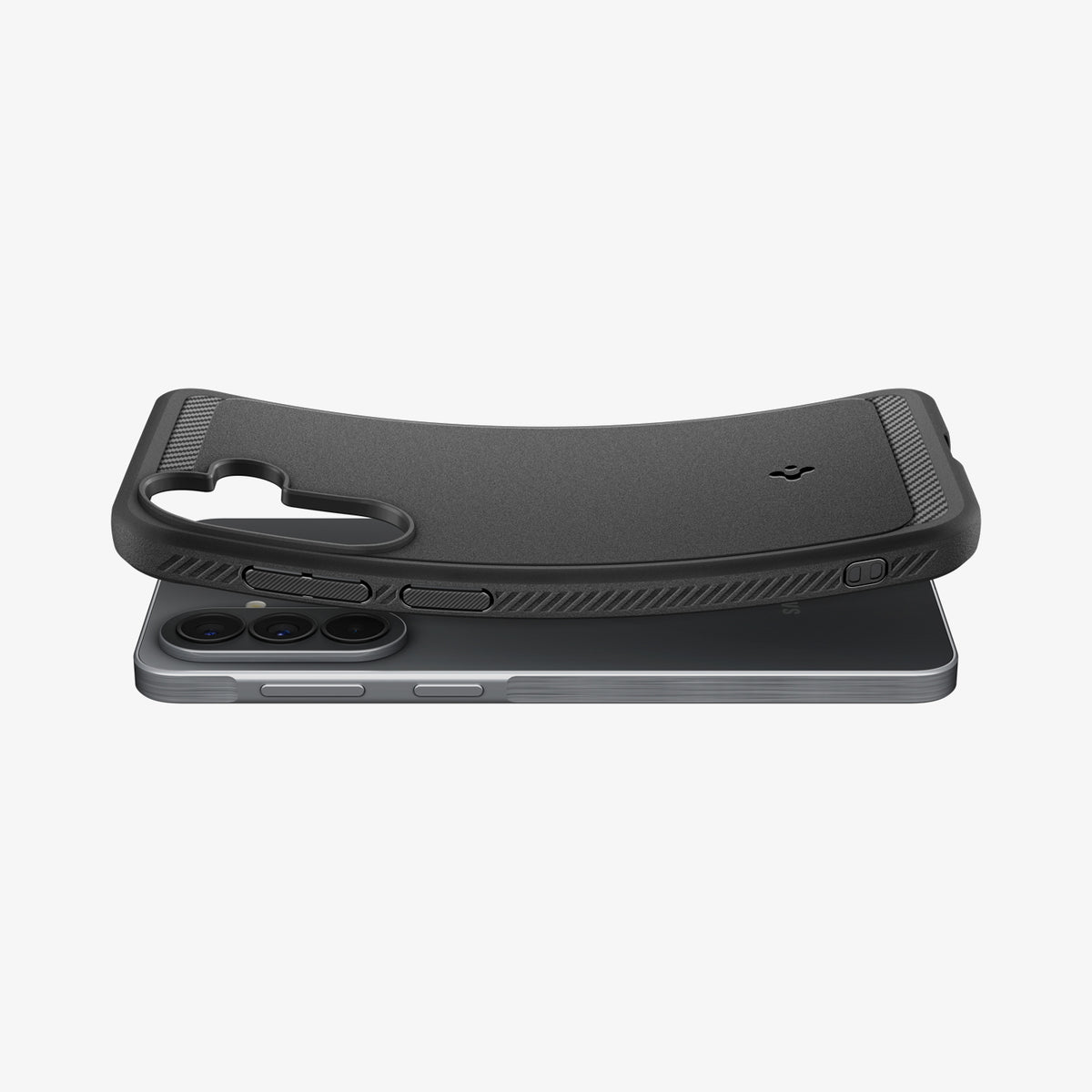 ACS09794 - Spigen Rugged Armor Galaxy A57 5G case in Matte Black lifting away from phone, showing flexible TPU construction