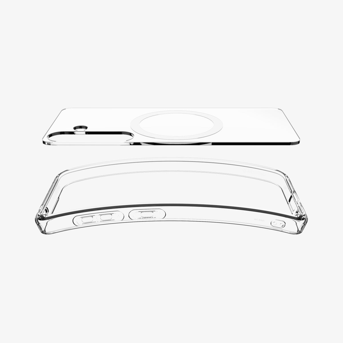 ACS08981 - Galaxy S25 Plus Case Ultra Hybrid Metal Ring (MagFit) in Clear White showing the detached inner layer hovering above the device detached  