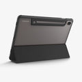 ACS09498 - Galaxy Tab S10 FE Case Ultra Hybrid Pro in Black showing the back and partial top and side with front cover converted into stand and S pen attached at the back