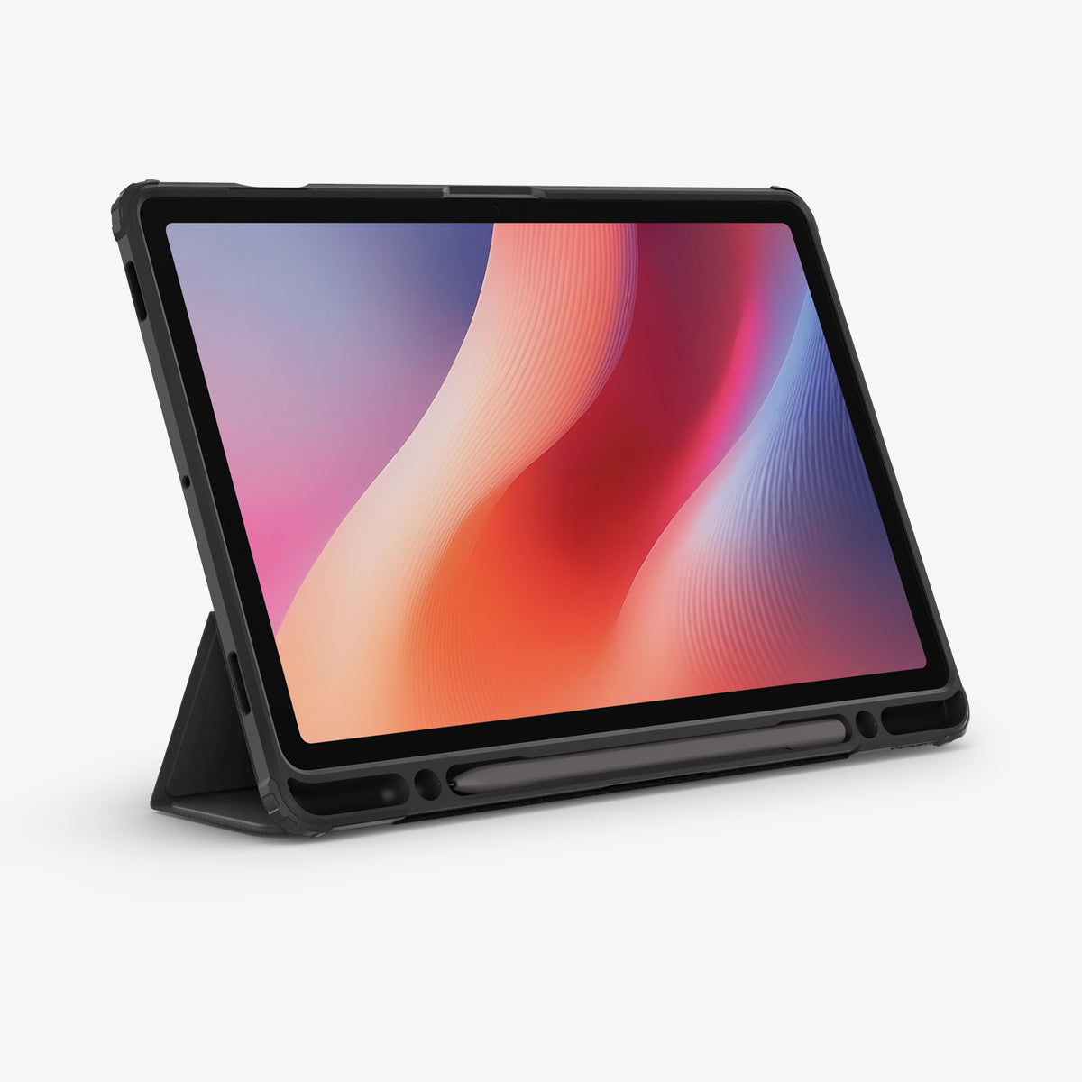 ACS09498 - Galaxy Tab S10 FE Case Ultra Hybrid Pro in Black showing the front, partial side and bottom with s pen attached, while front cover serve as a stand