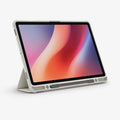 ACS09533 - Galaxy Tab S10 FE Case Ultra Hybrid Pro in Gray showing the front, partial side and bottom with s pen attached, while front cover serve as a stand