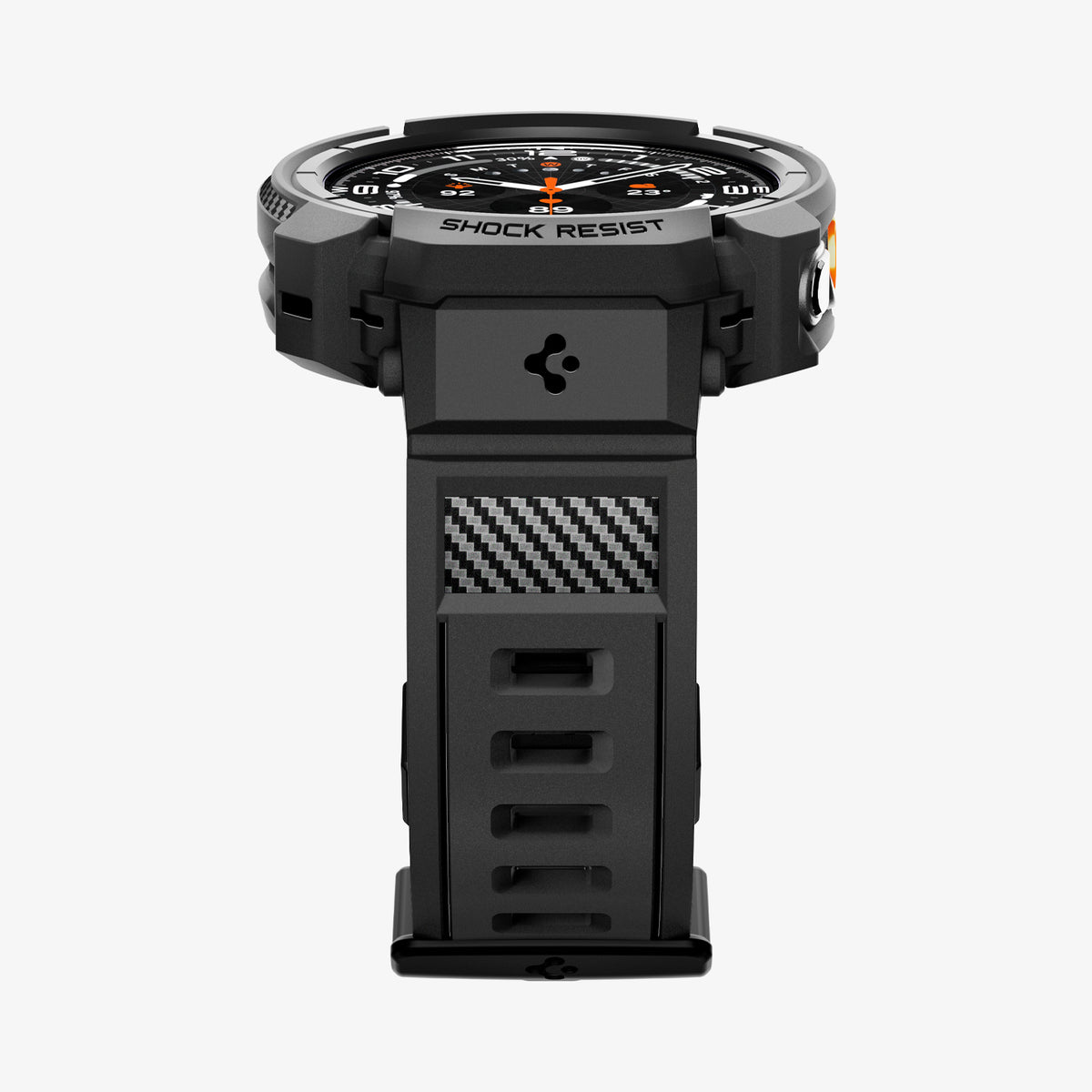 ACS11612 - Galaxy Watch Ultra Series - Rugged Armor Pro showing a front-facing close-up of the Rugged Armor Pro case and band, highlighting the "Shock Resist" text and carbon fiber detail.