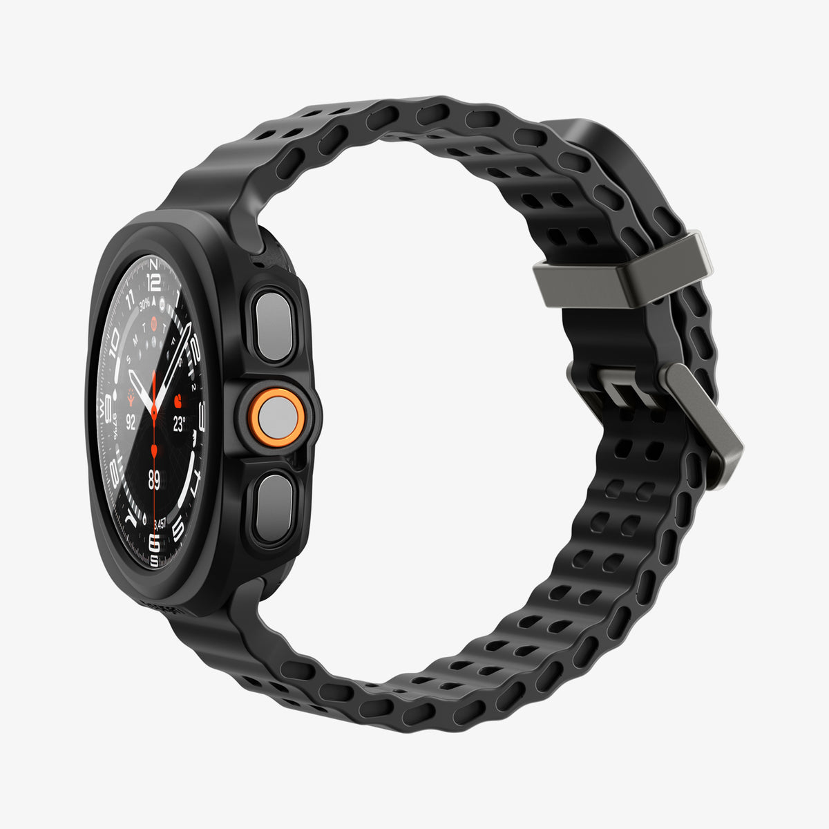 ACS11609 - Galaxy Watch Ultra Series Thin Fit 360 showing the case's side profile with button cutouts and band on the watch