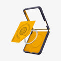 ACS11517 - Galaxy Z Flip 8 Nano Pop (Mag Fit) Blueberry Navy showing an angled close-up of the case's interior with a yellow magnet alignment sheet lifted, patent labeling, and the 