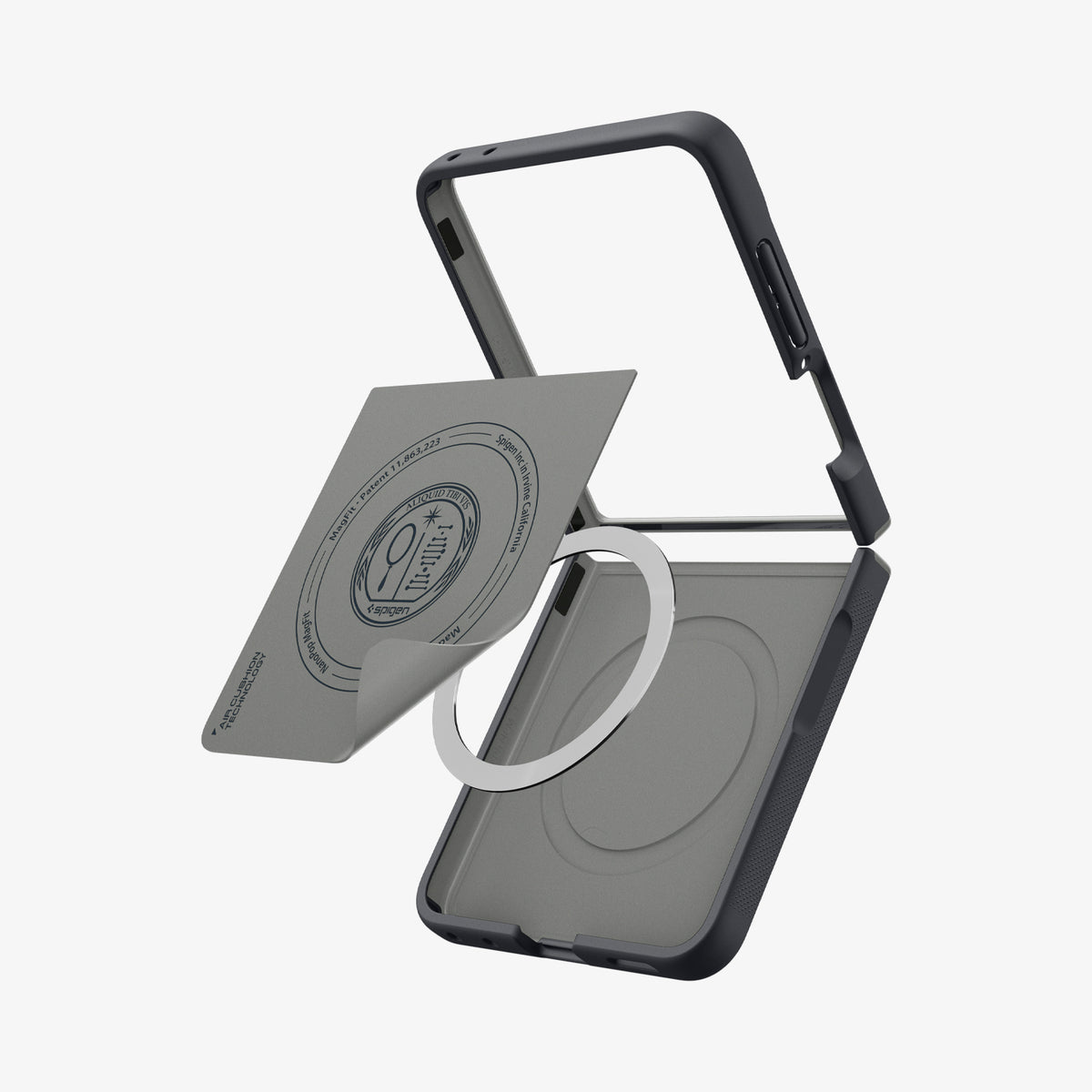 ACS11518 - Galaxy Z Flip 8 Nano Pop (Mag Fit) Black Sesame showing an angled close-up of the case's interior with a gray magnet alignment sheet lifted, patent labeling, and the "Air Cushion Technology" text visible.