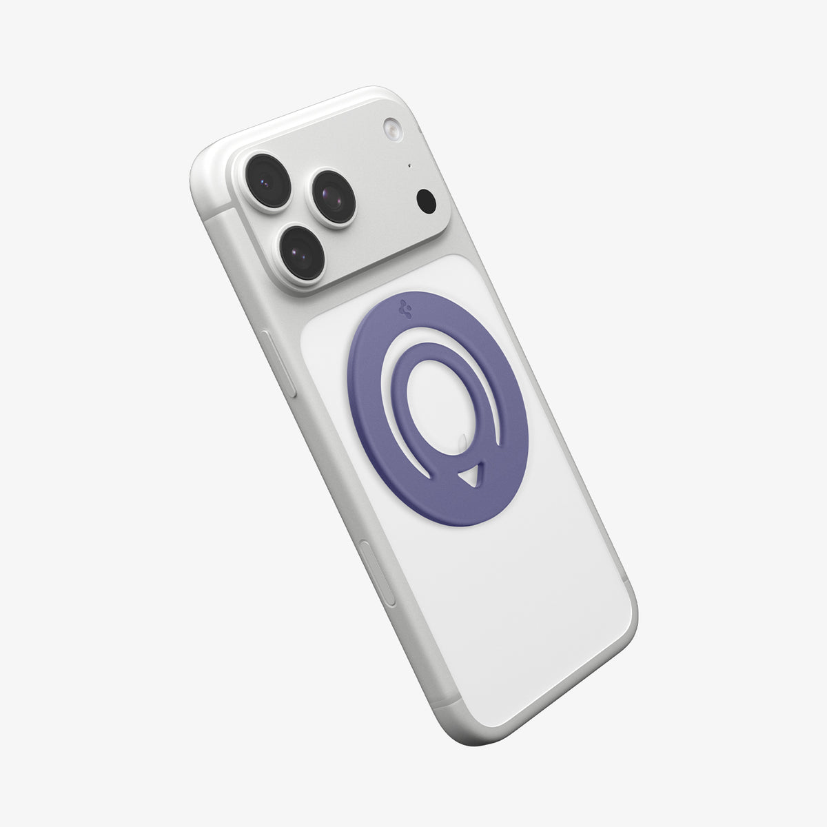 AMP11369 - O-Mag Slim Dual pop (MagFit) in Violet showing the back, partial side of the device with the case, magring attached