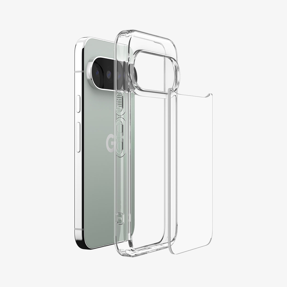  ACS11430 - Pixel 11 Pro  Ultra Hybrid Crystal Clear exploded view showing the flexible frame, rigid back panel, and hybrid construction for added durability.