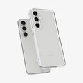 ACS08620 - Galaxy S24 FE Case Ultra Hybrid in Crystal Clear showing the back of a transparent back case with darker frame hovering above the device