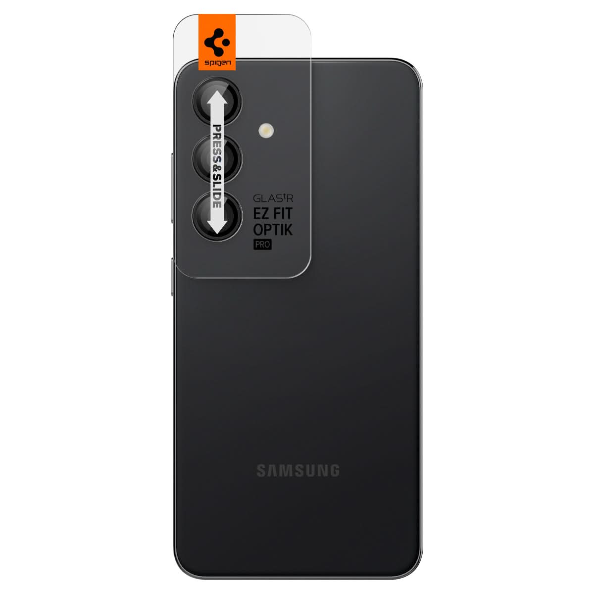 AGL07441 - Galaxy S24 Optik Pro EZ Fit Lens Protector in Black showing the back with camera lens tray protector attached to the device
