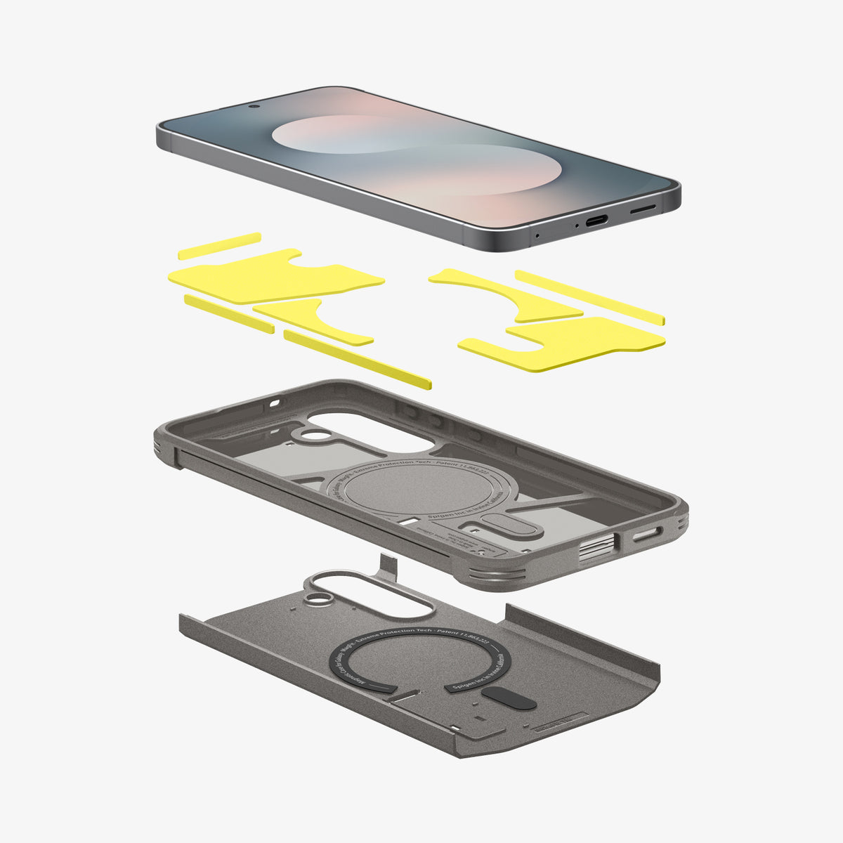 ACS10030 - Galaxy S25 FE Case Tough Armor (MagFit) in gunmetal showing the multiple layers of case hovering below the device