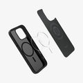 ACS09114 - iPhone 16 Pro Max Case Liquid Air T (MagFit + Camera Control) in Matte Black showing the inner layer hovering above the detached magnet plate ring and the case showing the inner part
