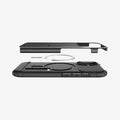 ACS09653 - iPhone 17 Slim Armor (MagFit) in Black showing the back cover hovering above detached metal ring plate and the back of the case