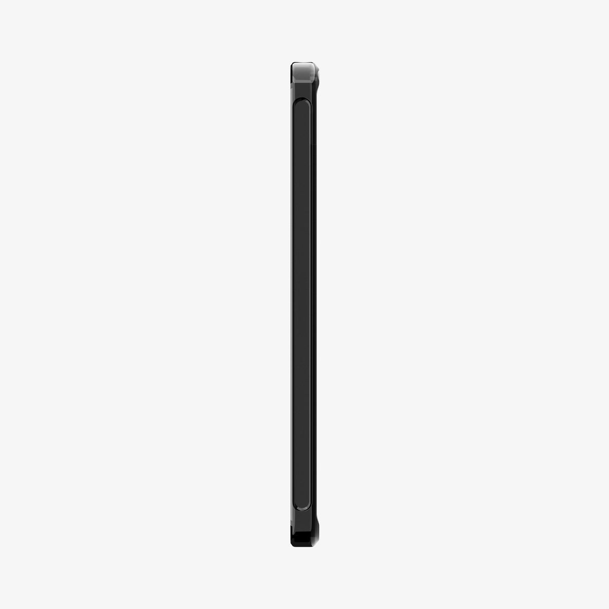 ACS11624 - Side profile of the frost black Spigen Ultra Hybrid case on an iPad Mini, showing the slim edge and volume button cutouts