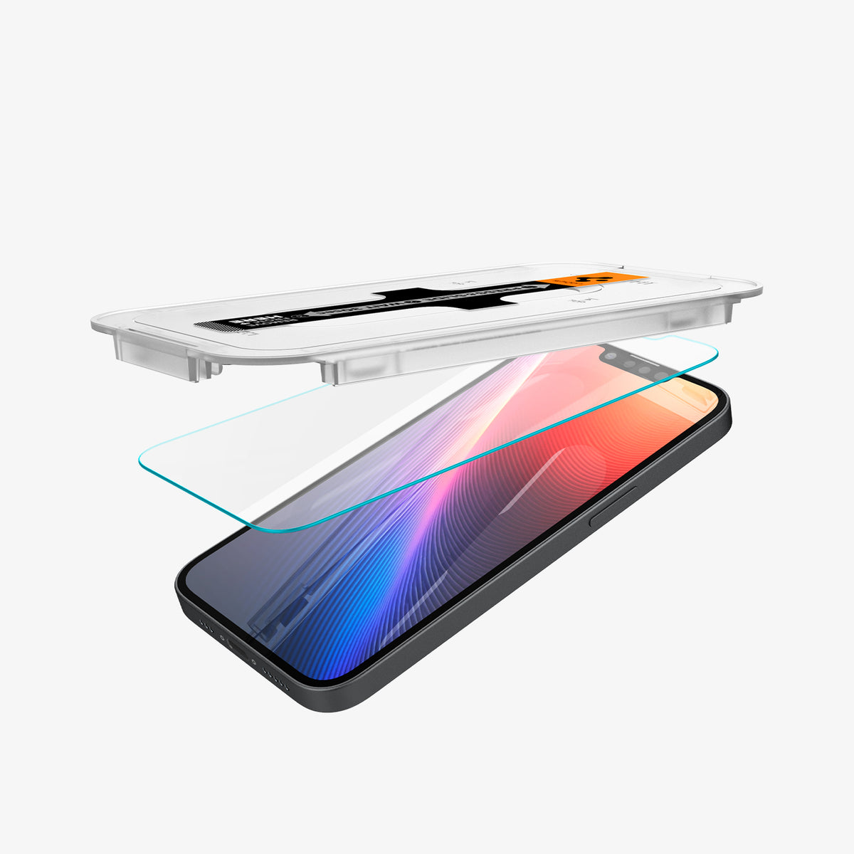 AGL03385 - iPhone 16e Plus Screen Protector EZ FIT GLAS.tR SLIM showing the installation tray hovering above the screen protector and the device