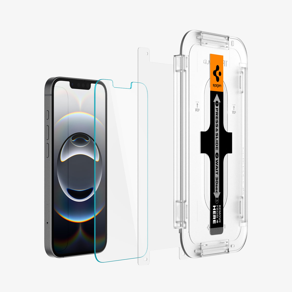 AGL03385 - iPhone 16e Plus Screen Protector EZ FIT GLAS.tR SLIM showing the front of the installation tray in front of the film strip, screen protector and the device