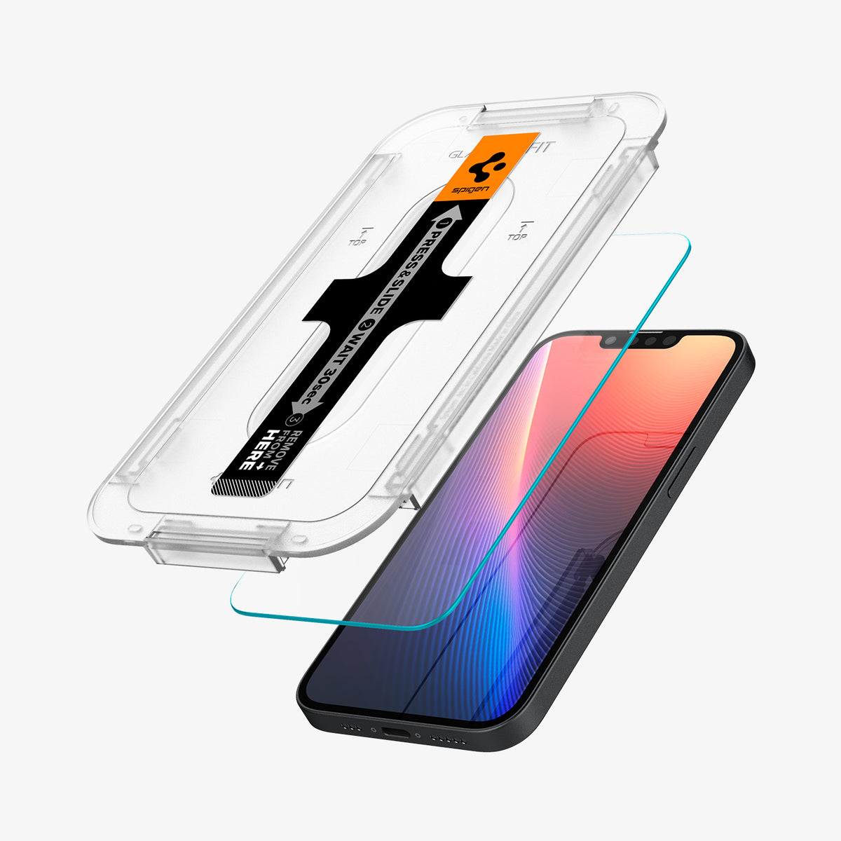 AGL03386 - iPhone 16e Screen Protector EZ FIT GLAS.tR (Sensor Protection) showing the ez fit tray hovering above device screen