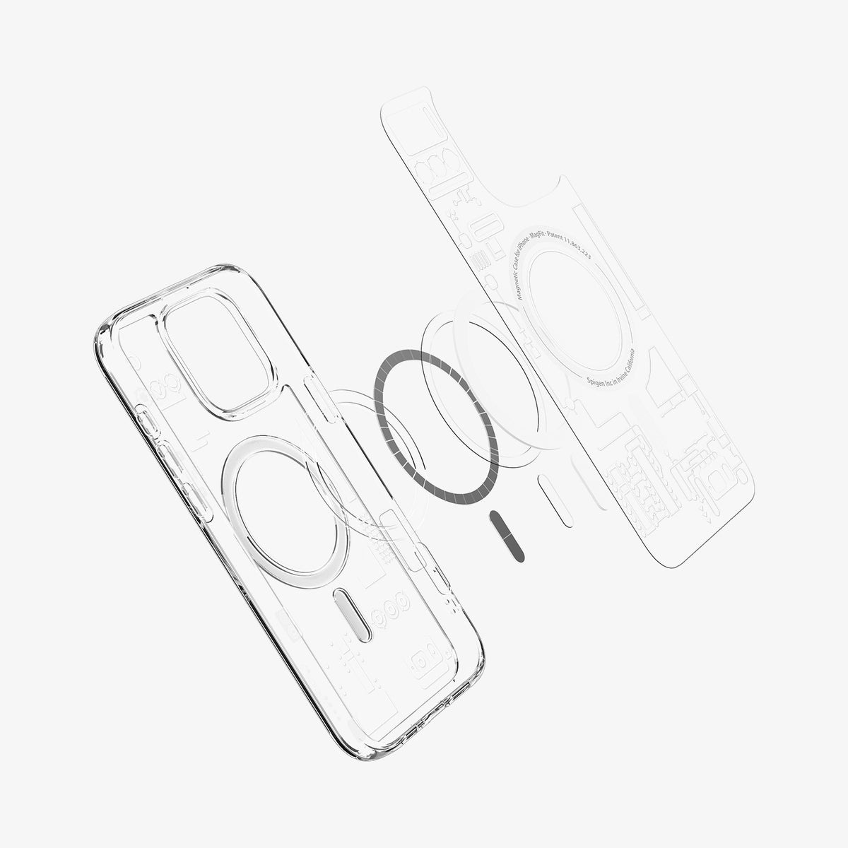 ACS08727 - iPhone 16 Pro Ultra Hybrid Analogue (Mag Fit) showing the inner sticker, hovering above the detached magnet ring and the case