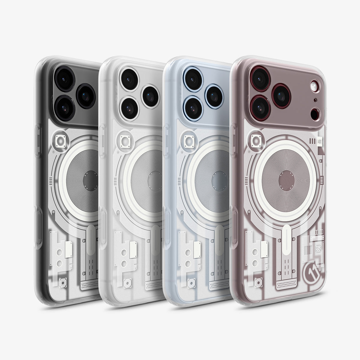ACS12307 - Four iPhone Pro models in black, silver, blue, and rose colors, each in the clear Spigen c11 Element MagFit case