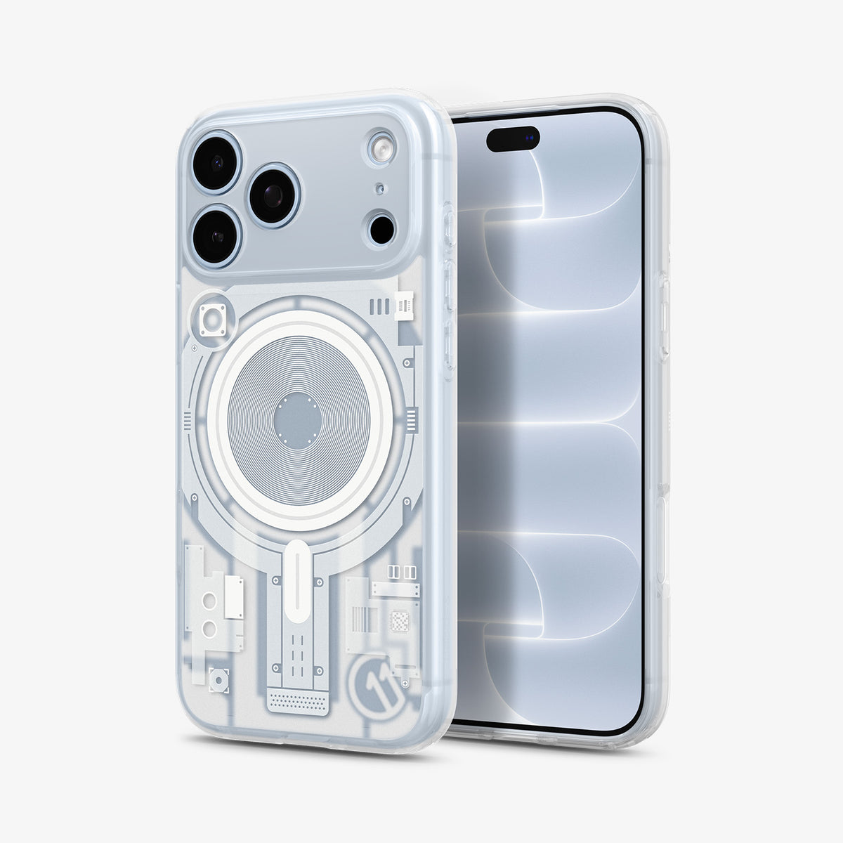 ACS12307 - Back and front of a blue iPhone Pro in the clear Spigen c11 Element MagFit case, showing the circuit print and MagSafe ring design