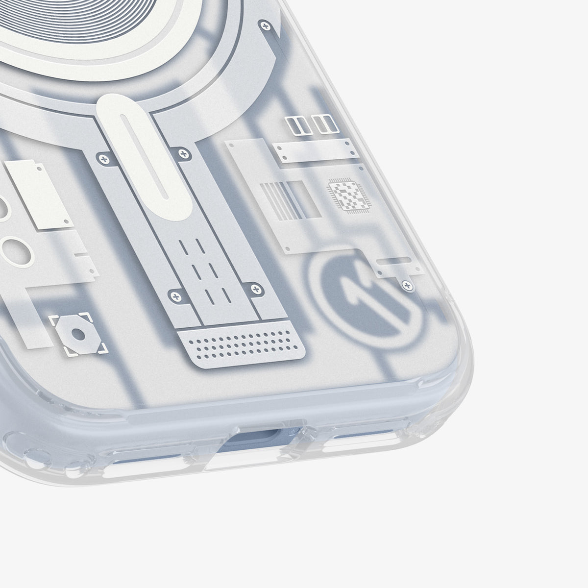 ACS12307 - Close-up of the bottom corner of the Spigen c11 Element case showing the circuit-board print detail and precise port cutouts