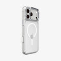 ACS11921 - iPhone 18 Pro / iPhone 17 Pro Ultra Hybrid Optik S (Mag Fit) Clear Silver showing an angled rear view highlighting the clear case and raised camera ring stand