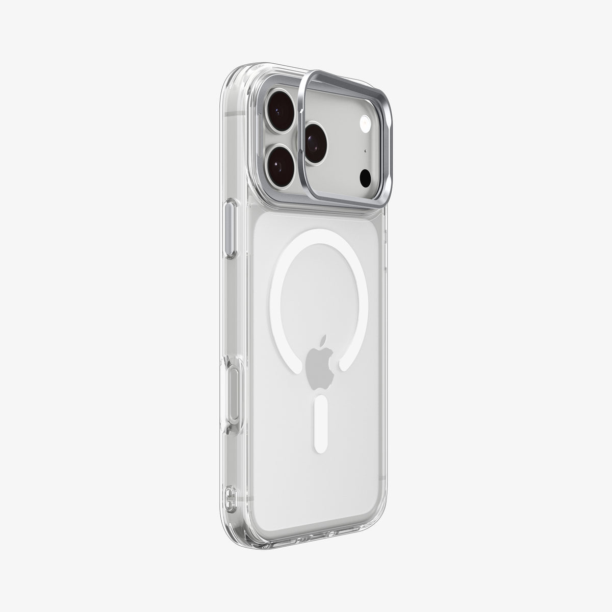 ACS11921 - iPhone 18 Pro / iPhone 17 Pro Ultra Hybrid Optik S (Mag Fit) Clear Silver showing an angled rear view highlighting the clear case and raised camera ring stand