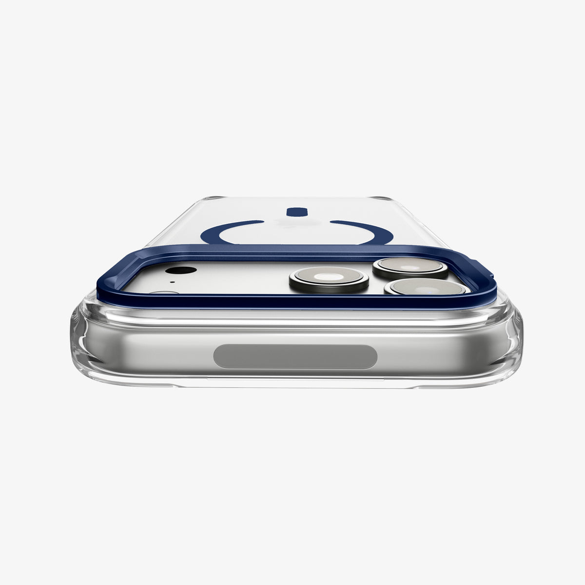 ACS11922 - iPhone 18 Pro / iPhone 17 Pro Ultra Hybrid Optik S (Mag Fit) Clear Deep Blue showing a close-up of the raised camera frame folded flat around the camera area