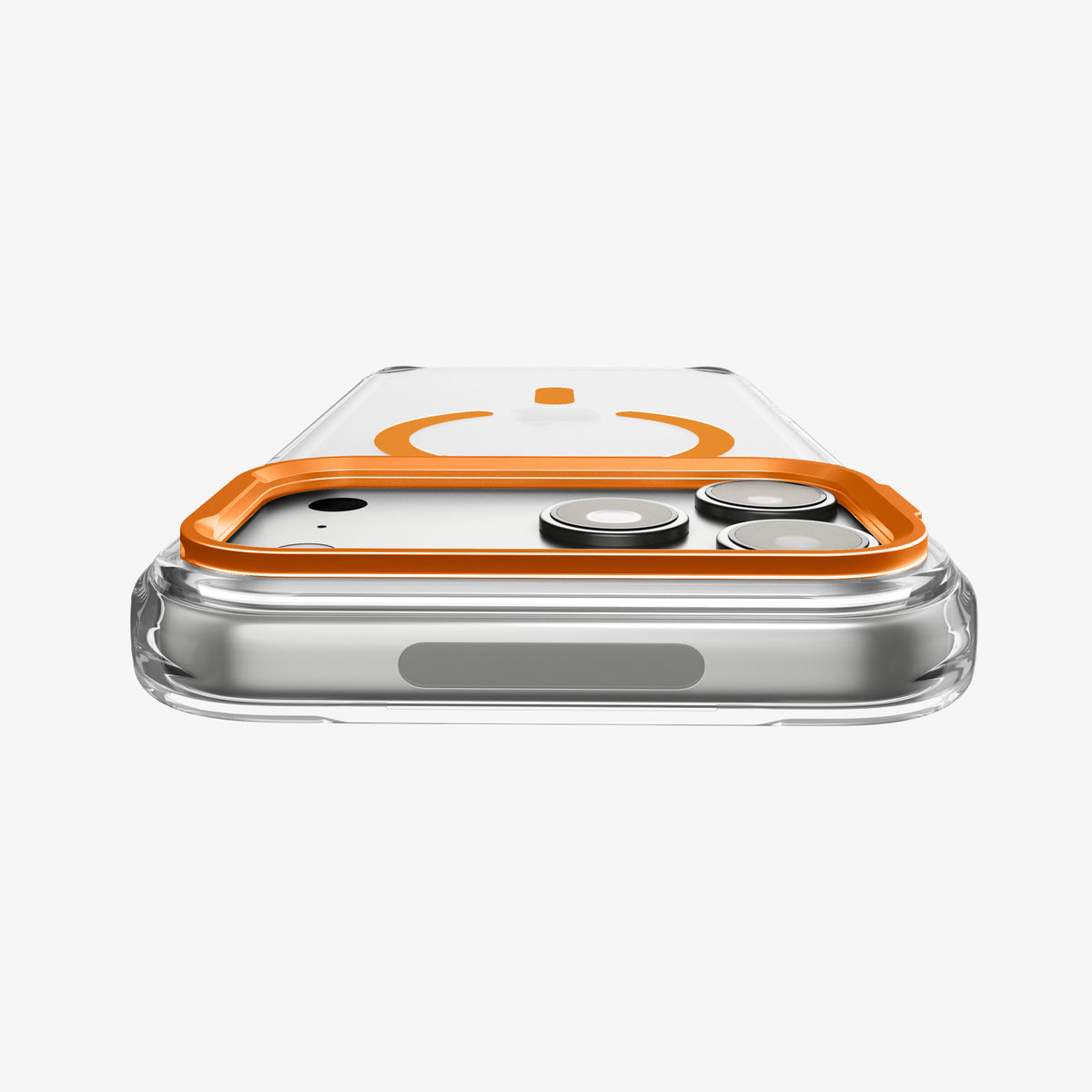 ACS11923 - iPhone 18 Pro / iPhone 17 Pro Ultra Hybrid Optik S (Mag Fit) Clear Orange showing a close-up of the raised camera frame folded flat around the camera area
