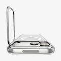 ACS11921 - iPhone 18 Pro / iPhone 17 Pro Ultra Hybrid Optik S (Mag Fit) Clear Silver showing the camera ring stand opened upright for adjustable viewing support