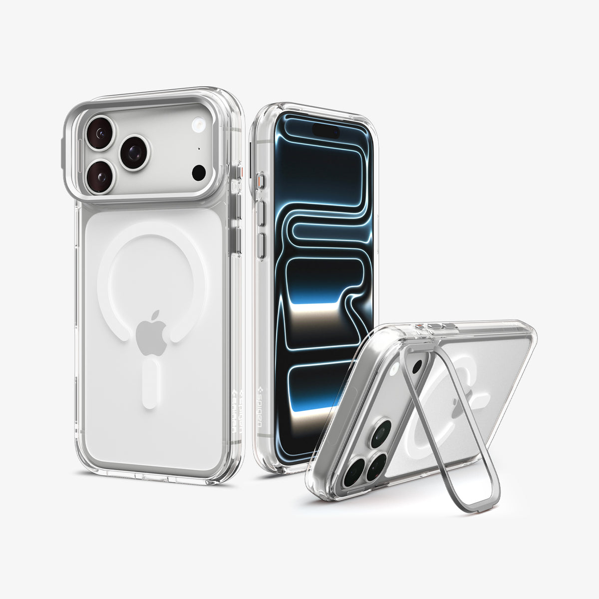 ACS11921 - iPhone 18 Pro / iPhone 17 Pro Ultra Hybrid Optik S (Mag Fit) Clear Silver showing multiple views of a clear case with a built-in camera ring stand and magnetic back design