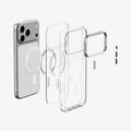 ACS11921 - iPhone 18 Pro / iPhone 17 Pro Ultra Hybrid Optik S (Mag Fit) Clear Silver showing an exploded view of the case layers, magnetic ring, camera frame, and button components
