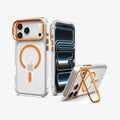 ACS11910 - iPhone 18 Pro Max / iPhone 17 Pro Max Ultra Hybrid Optik S (Mag Fit) Clear Orange showing multiple views of a clear case with a built-in camera ring stand and magnetic back design