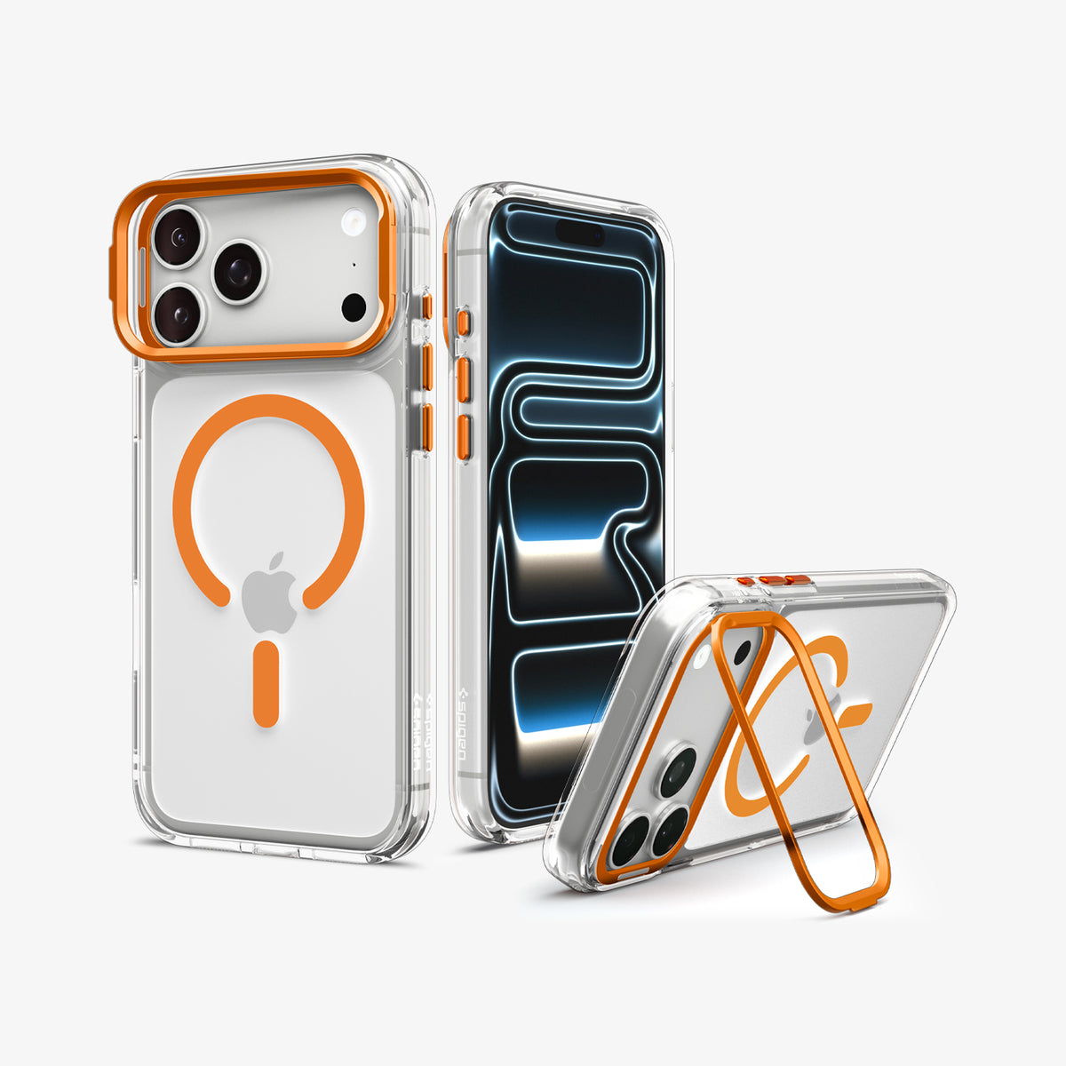 ACS11910 - iPhone 18 Pro Max / iPhone 17 Pro Max Ultra Hybrid Optik S (Mag Fit) Clear Orange showing multiple views of a clear case with a built-in camera ring stand and magnetic back design