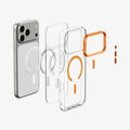 ACS11910 - iPhone 18 Pro Max / iPhone 17 Pro Max Ultra Hybrid Optik S (Mag Fit) Clear Orange showing an exploded view of the case layers, magnetic ring, camera frame, and button components